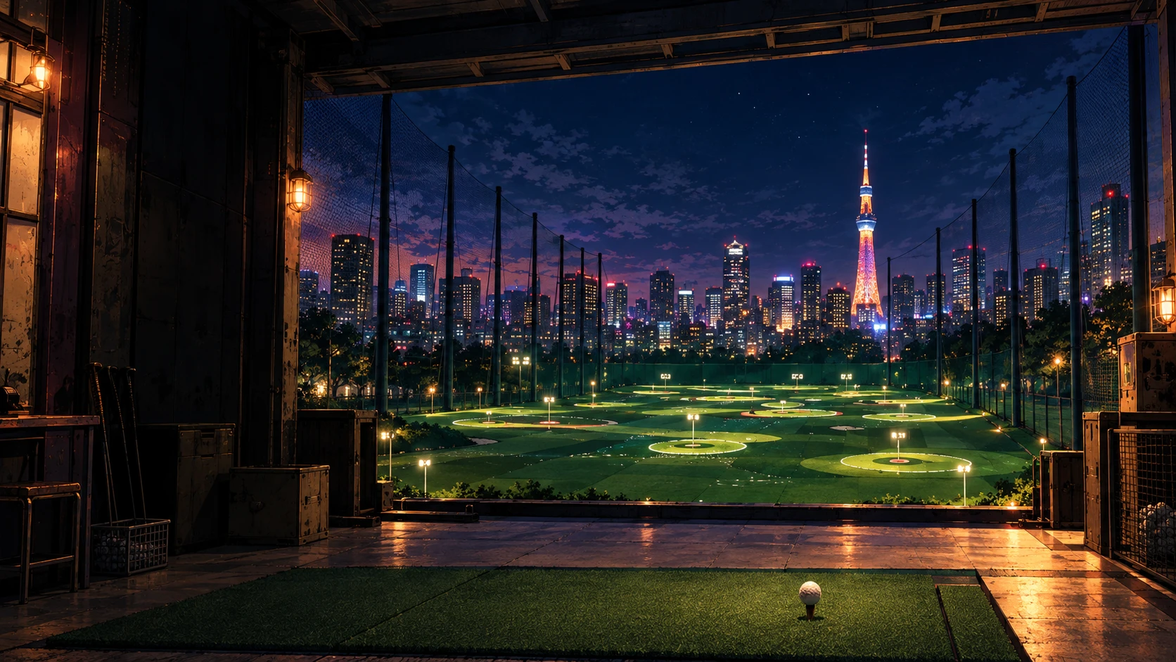 Established empty Tokyo menu venue, with warm lamps and city lights.